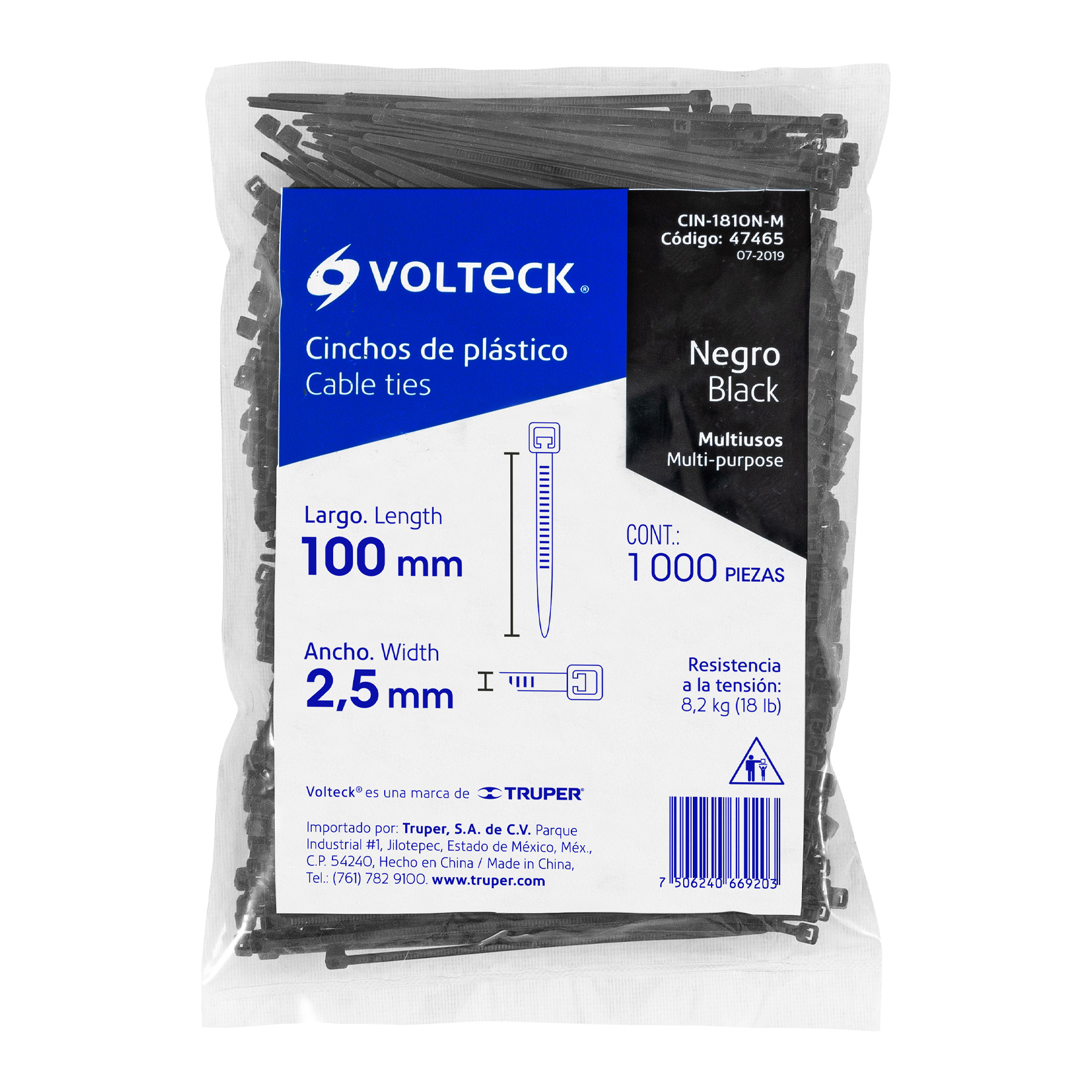 Bolsa con 1000 cinchos plásticos 18 lb, 100x2.5 mm, negros - CIN-1810N-M / 47465