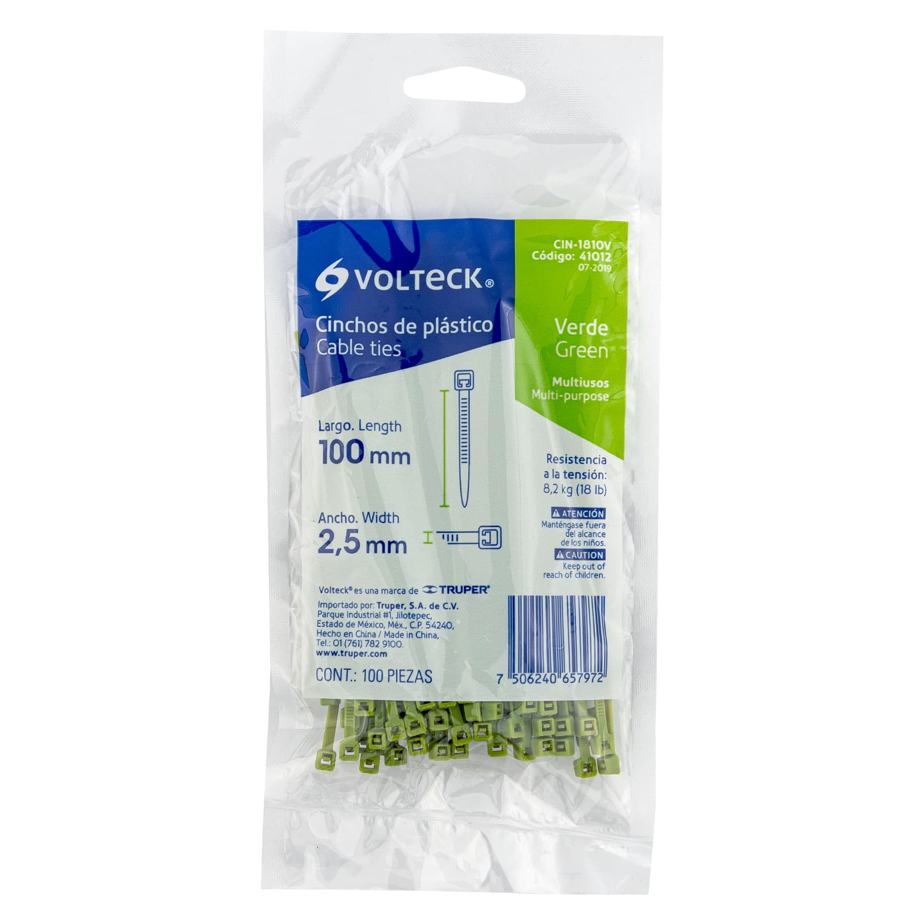 Bolsa con 100 cinchos plásticos 18 lb, 100 x 2.5 mm, verdes - CIN-1810V / 41012