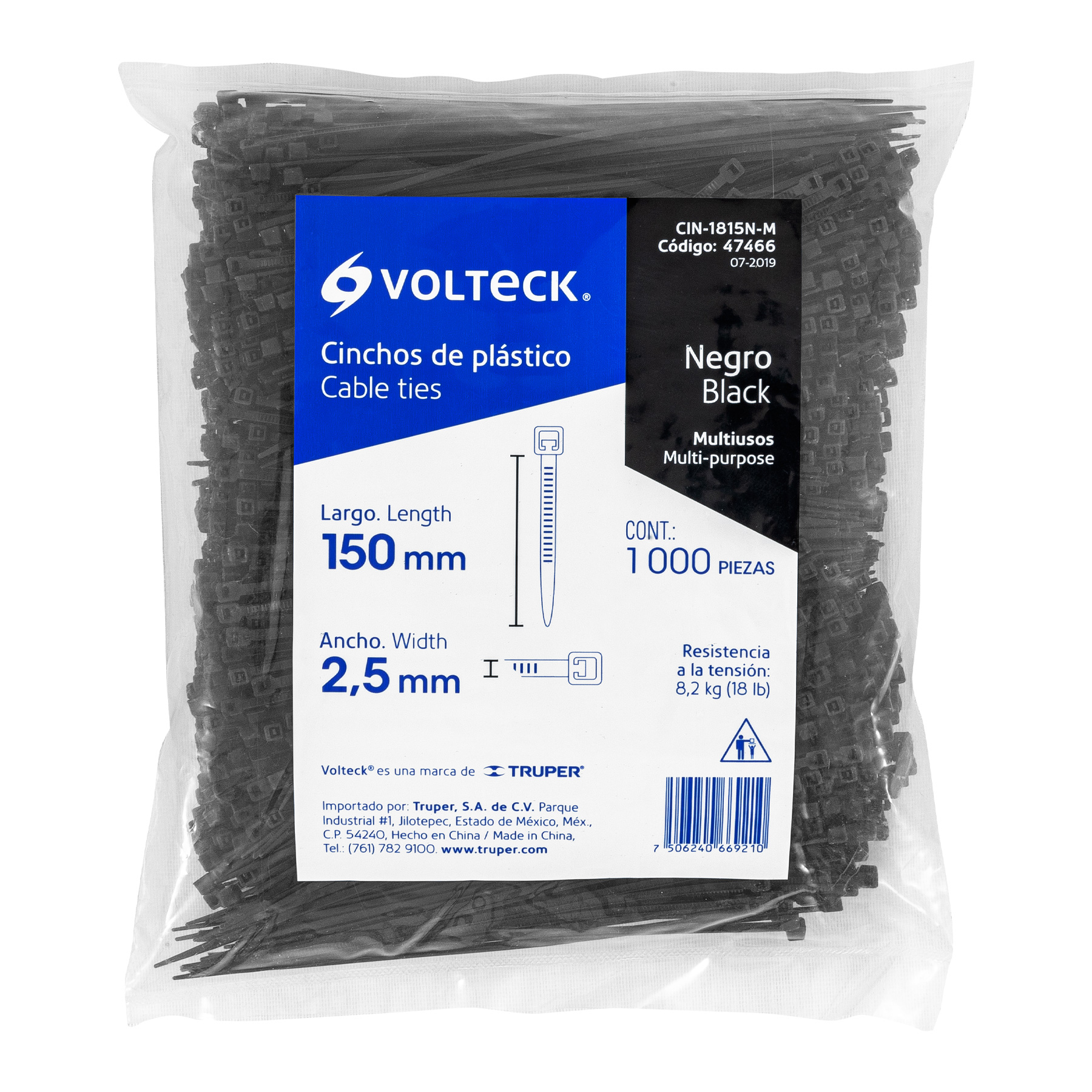 Bolsa con 1000 cinchos plásticos 18 lb, 150x2.5 mm, negros - CIN-1815N-M / 47466