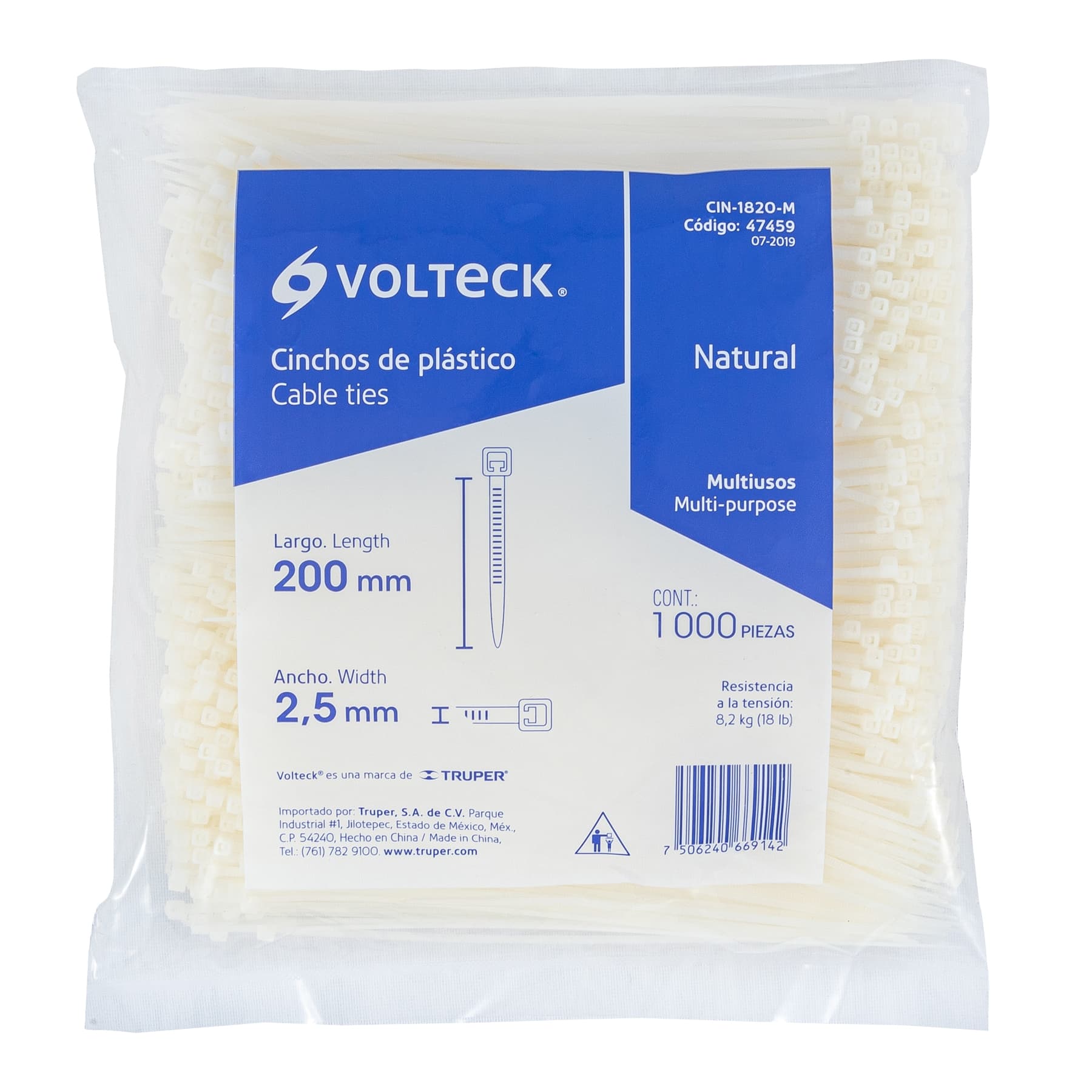 Bolsa con 1000 cinchos plásticos 18lb, 200x2.5 mm, naturales - CIN-1820-M / 47459