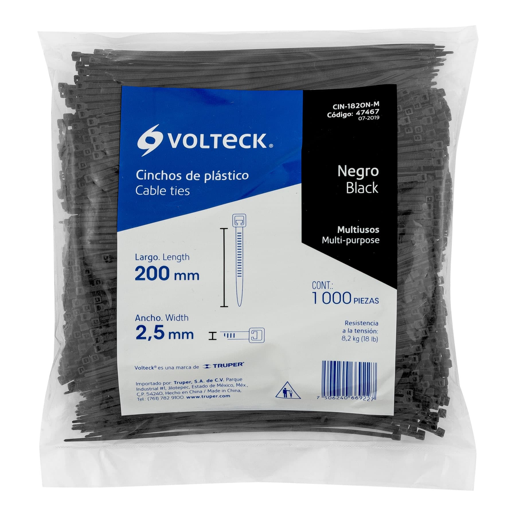 Bolsa con 1000 cinchos plásticos 18 lb, 200x2.5 mm, negros - CIN-1820N-M / 47467