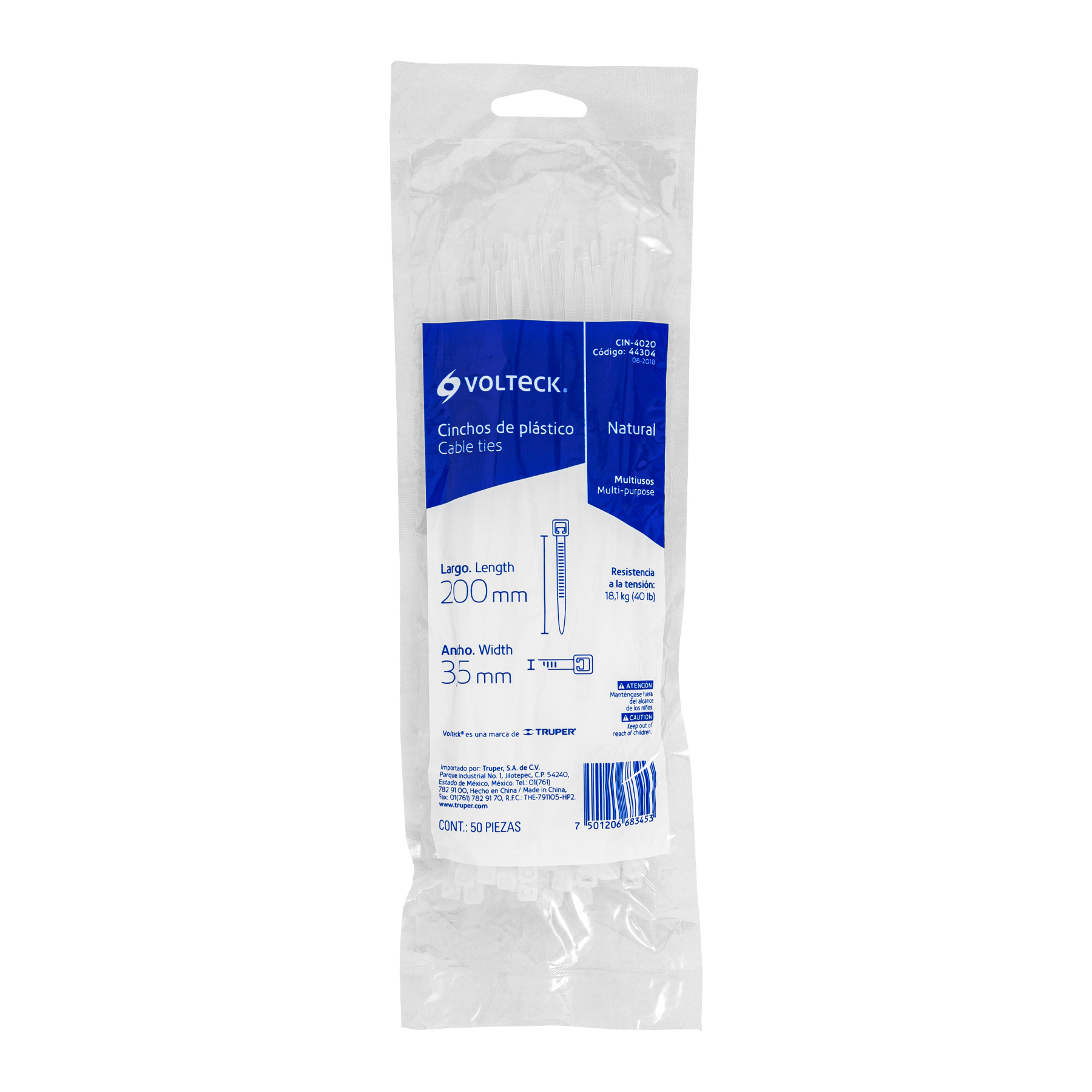 Bolsa con 50 cinchos plásticos 40 lb, 200x3.5 mm, naturales - CIN-4020 / 44304