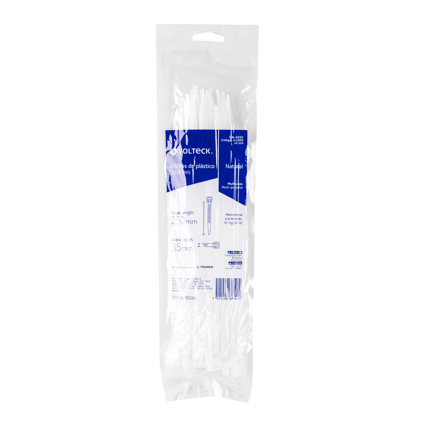 Bolsa con 50 cinchos plásticos 40 lb, 250x3.5 mm, naturales - CIN-4025 / 44305