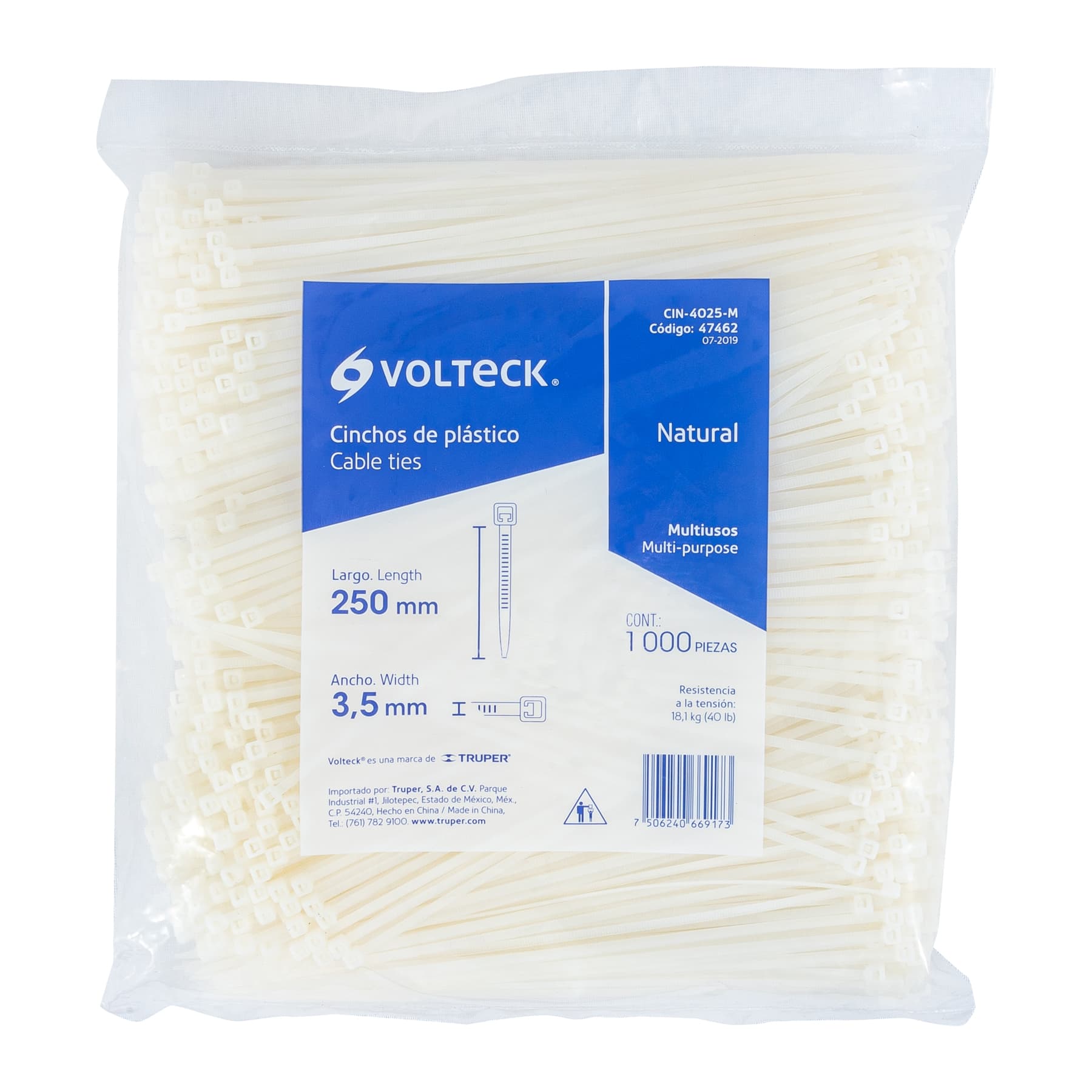Bolsa con 1000 cinchos plásticos 40lb, 250x3.5 mm, naturales - CIN-4025-M / 47462