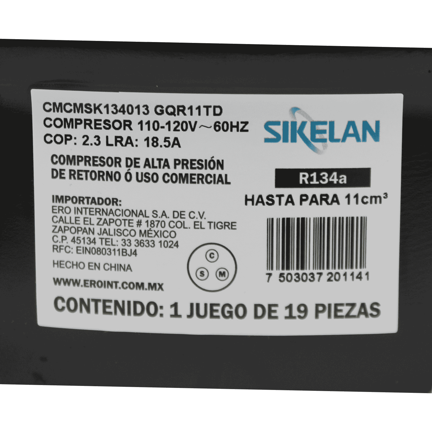 Compresor Sikelan GQR11TD, 1/3 HP, 1100W, R134a, (110-120V 60Hz) - CMCMSK134013