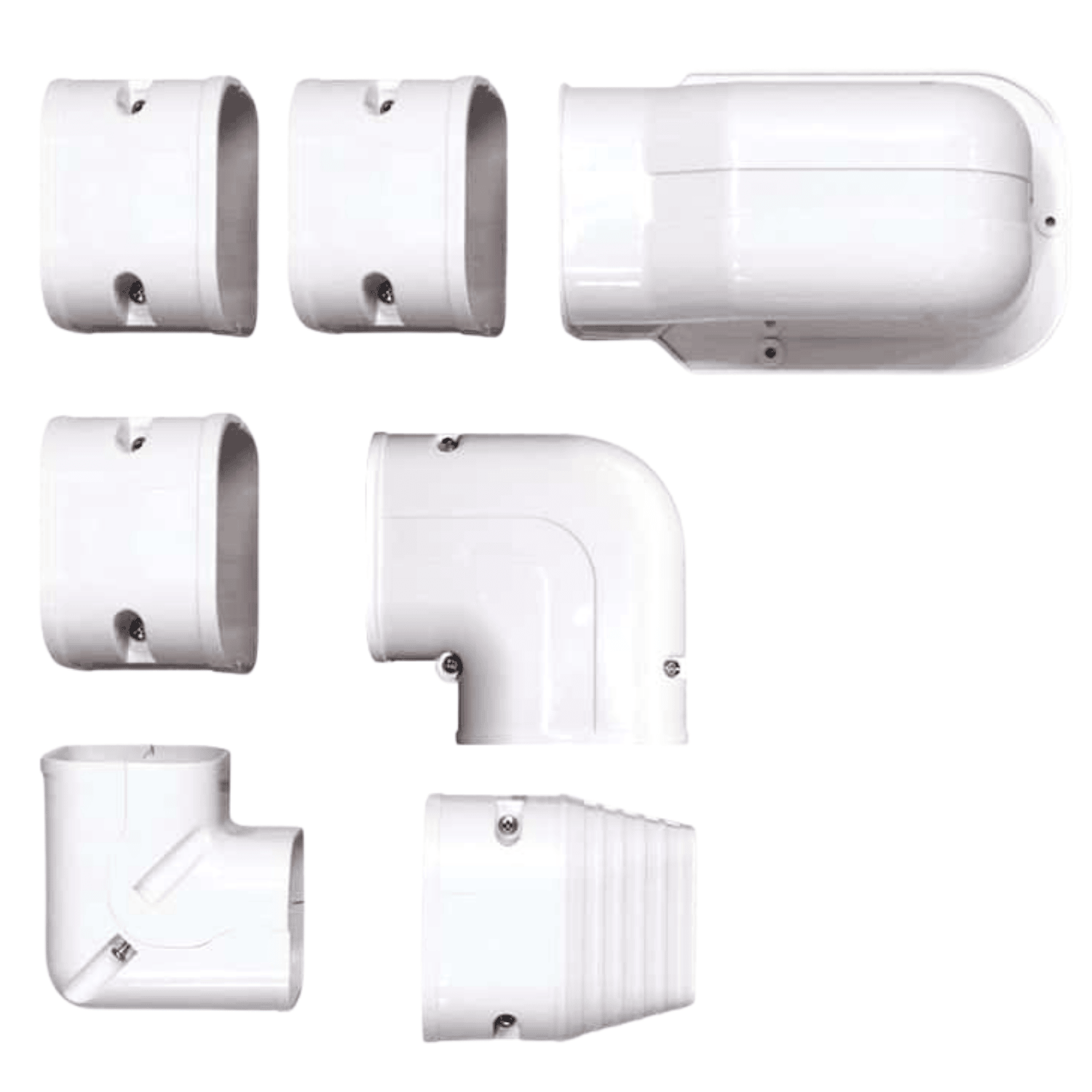Kit de Canaletas PVC 3” Color Blanco Instalación de Aire Acondicionado 1mt, INCLUYE 3 Tramos de 1m, Entrada Pared, 2 Codos (1 Ajustable, 1 de 90°), 3 Coples, Ducto Flexible 24”, Salida Final - CXKC1M