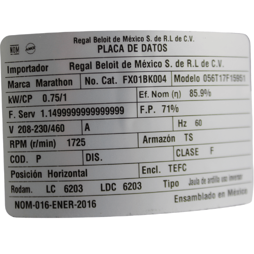 Motor Marathon FLEX-IN-1™, 1HP, 3PH, TEFC LEXXON, modelo comercial FX01BK004, base rígida, 1800 RPM - FX01BK004