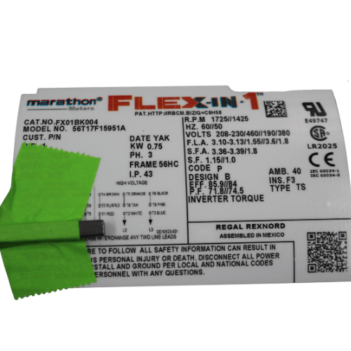Motor Marathon FLEX-IN-1™, 1HP, 3PH, TEFC LEXXON, modelo comercial FX01BK004, base rígida, 1800 RPM - FX01BK004