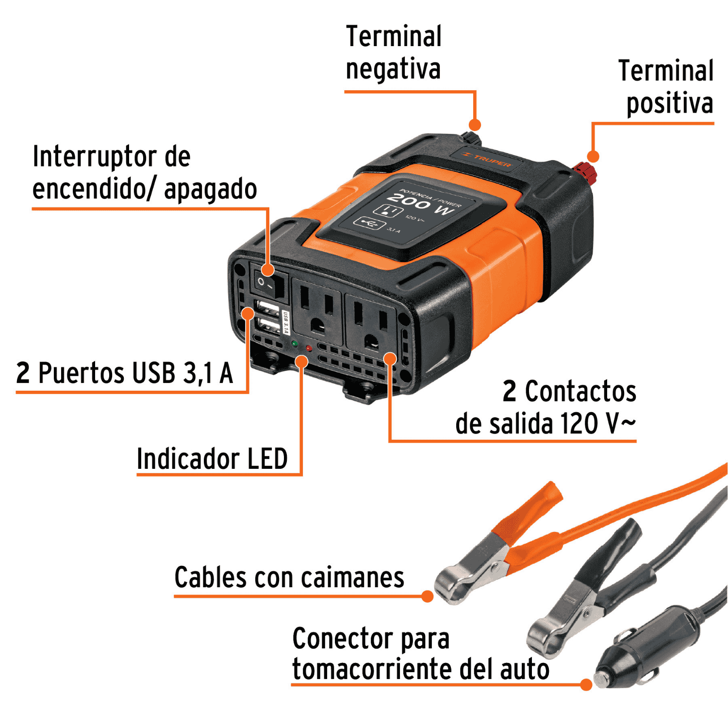 Inversor de corriente de 200 W con puertos USB, Truper - 10448 - INCO-200 - Caja con 1 Pieza – Master 12