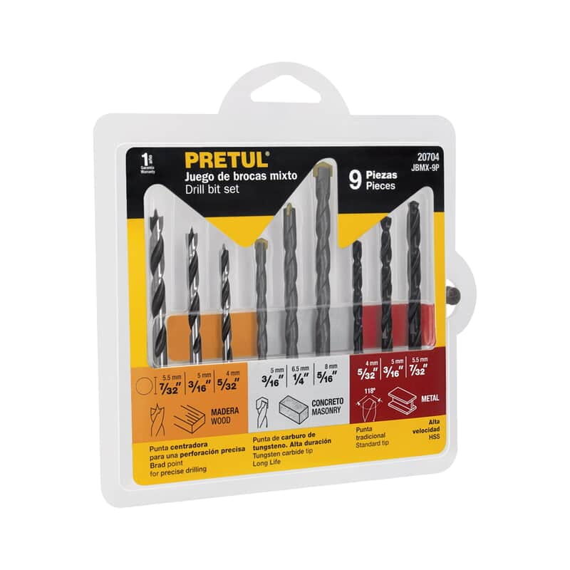 Juego de brocas mixto, 9 piezas, Pretul - JBMX-9P / 20704 Juego de brocas mixto, 9 piezas, Pretul - JBMX-9P / 20704