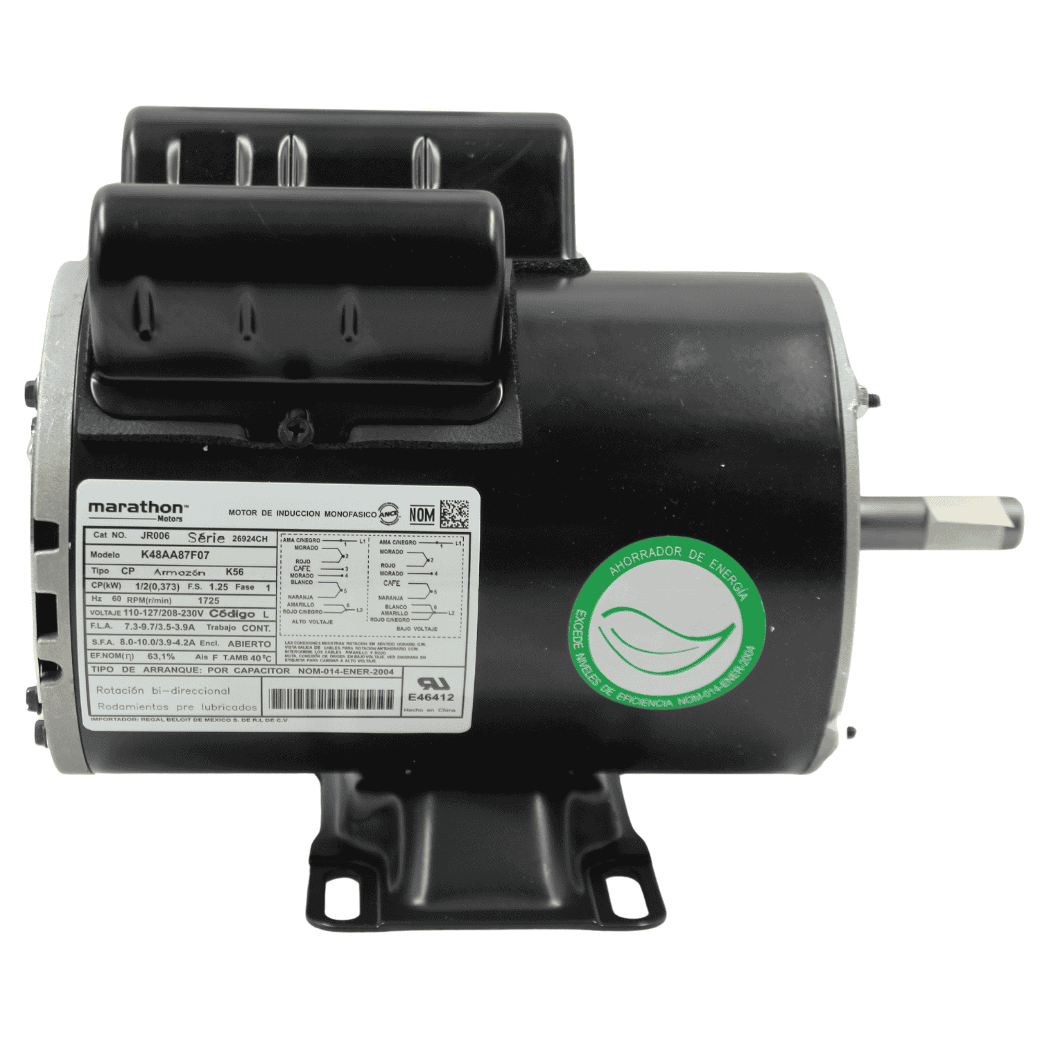 Motor 1/2 Hp, Flecha 5/8, Base Rígida Marathon Sustituye K48Aa87F07 - JR006 Motor 1/2 Hp, Flecha 5/8, Base Rígida Marathon Sustituye K48Aa87F07 - JR006