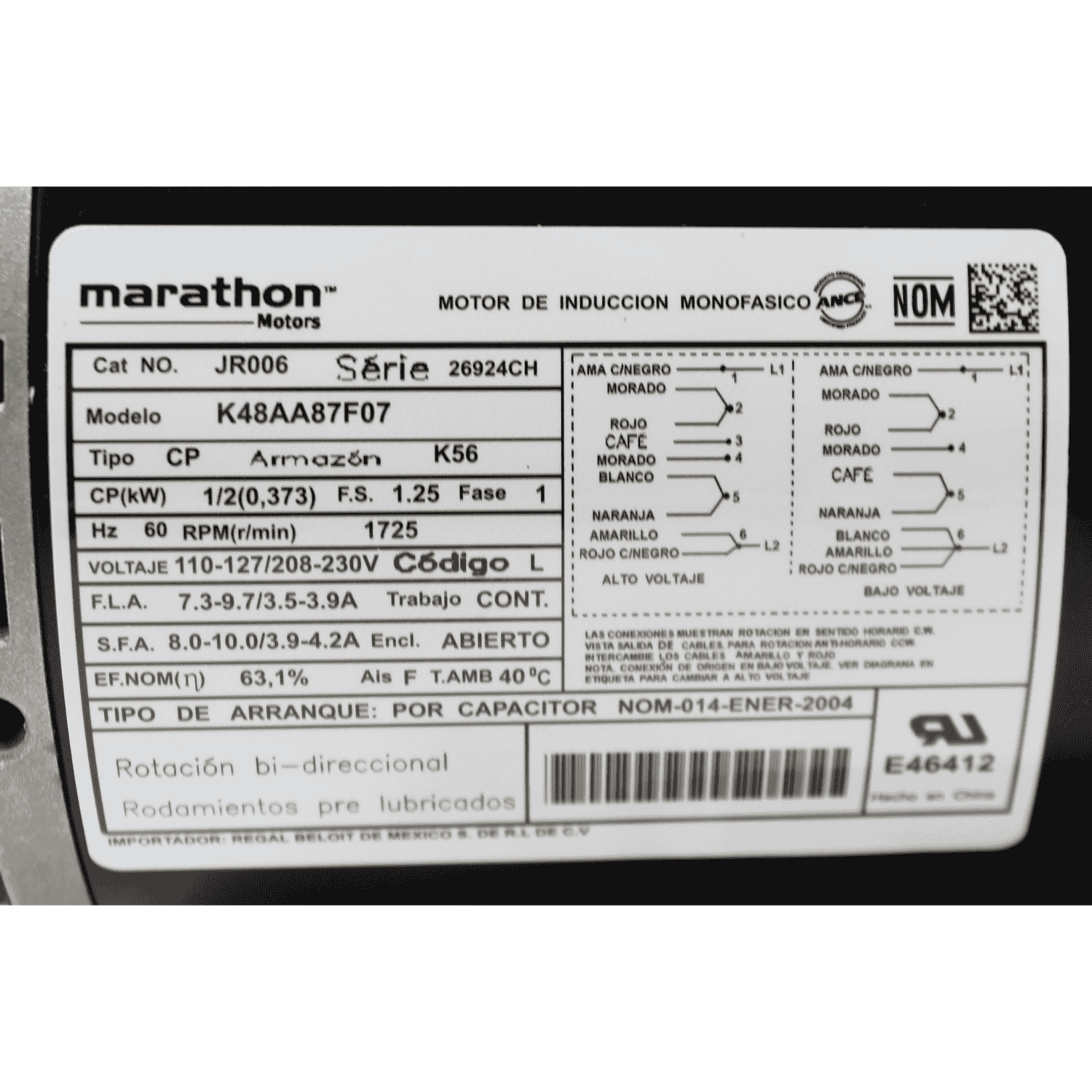 Motor 1/2 Hp, Flecha 5/8, Base Rígida Marathon Sustituye K48Aa87F07 - JR006 Motor 1/2 Hp, Flecha 5/8, Base Rígida Marathon Sustituye K48Aa87F07 - JR006