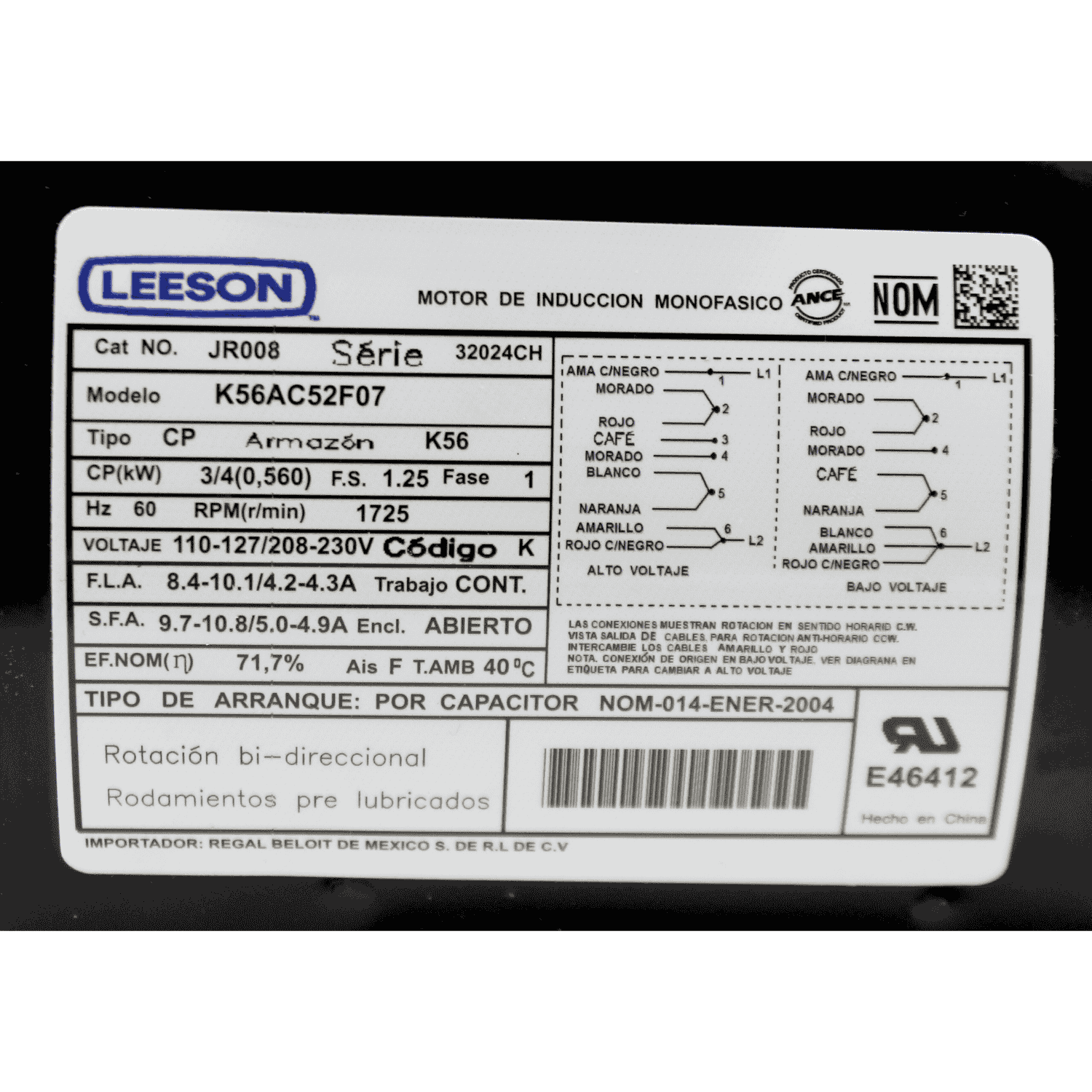 Motor 3/4 hp 115 – 230 v 1800 rpm Marathon , rotación CW/CCW - JR008