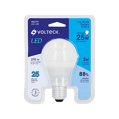 Lámpara LED A19 3 W (equiv. 25 W) luz de día blíster Volteck - 46275 - LED-30F - Caja con 6 Pieza – Master 96