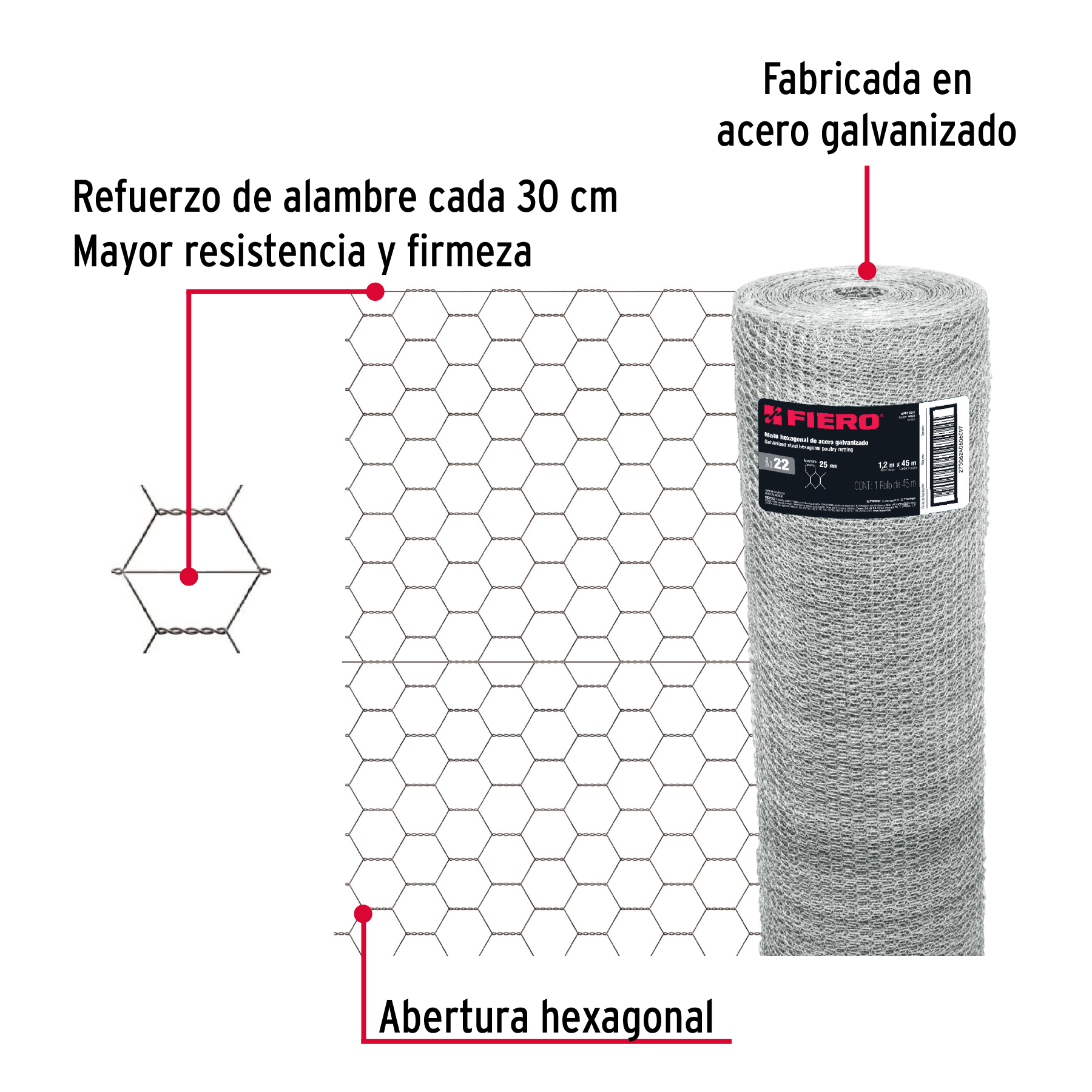 Rollo malla hexagonal cal.22, 1.2x 45m, abertura 25mm, 16kg-MAHE-2512 / 44657