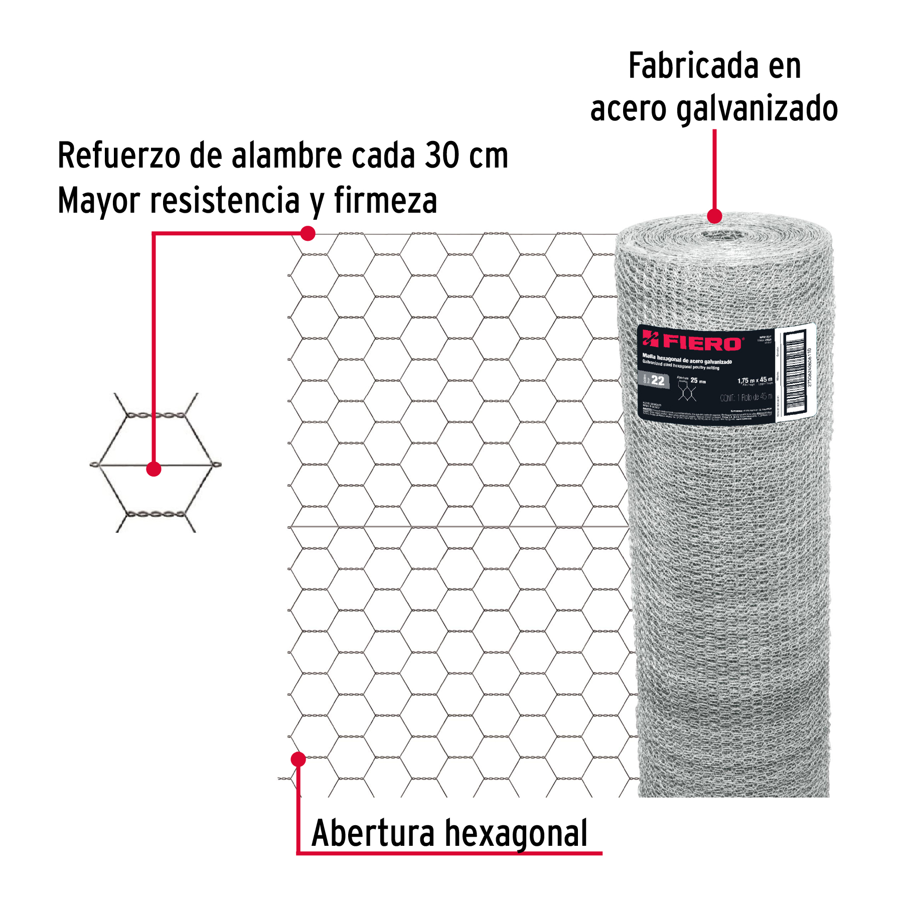 Rollo malla hexagonal cal.22, 1.75x 45m, abertura 25mm, 23kg-MAHE-2517 / 44659