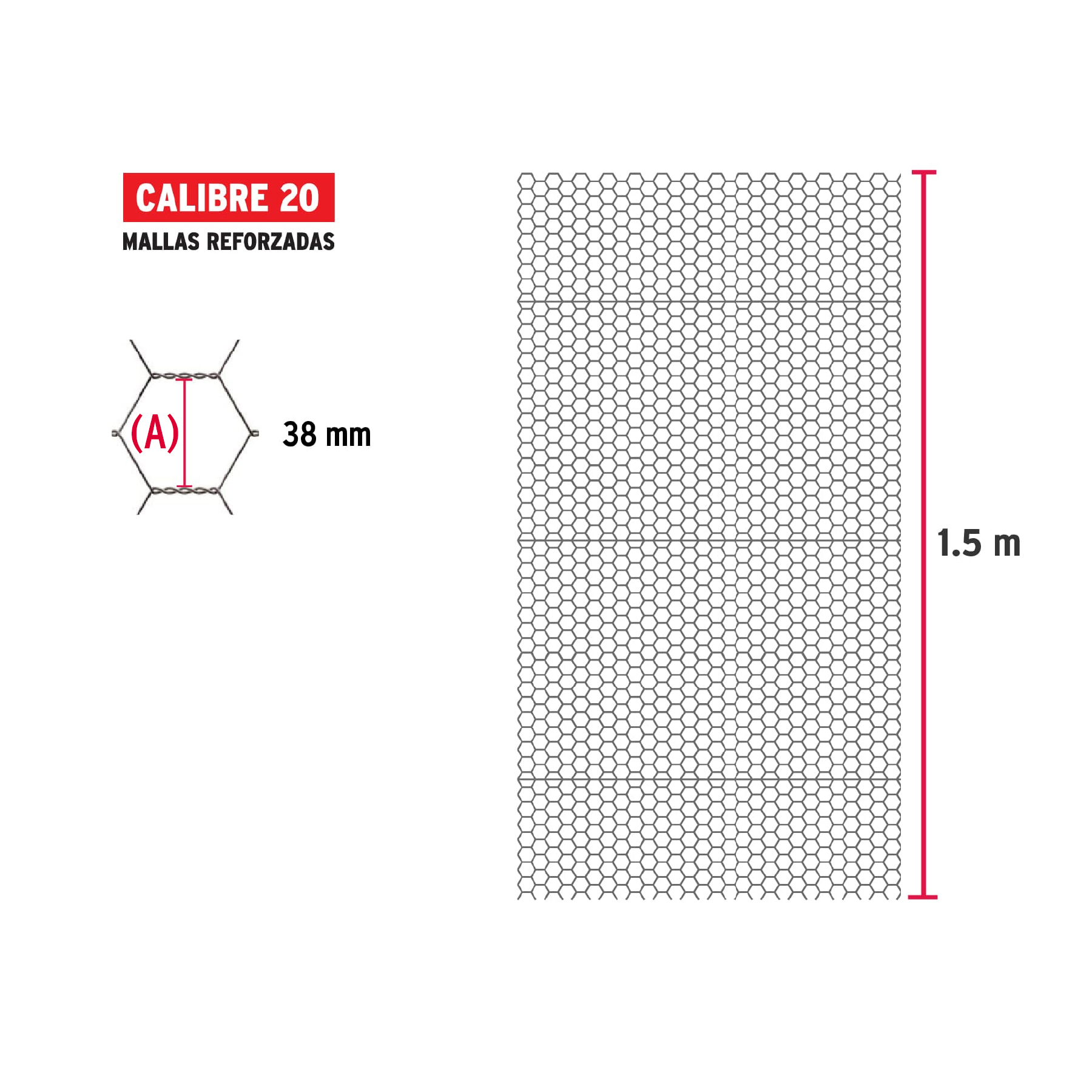 Rollo malla hexagonal cal.20, 1.5x 45m, abertura 38mm, 19kg-MAHE-3815 / 44660