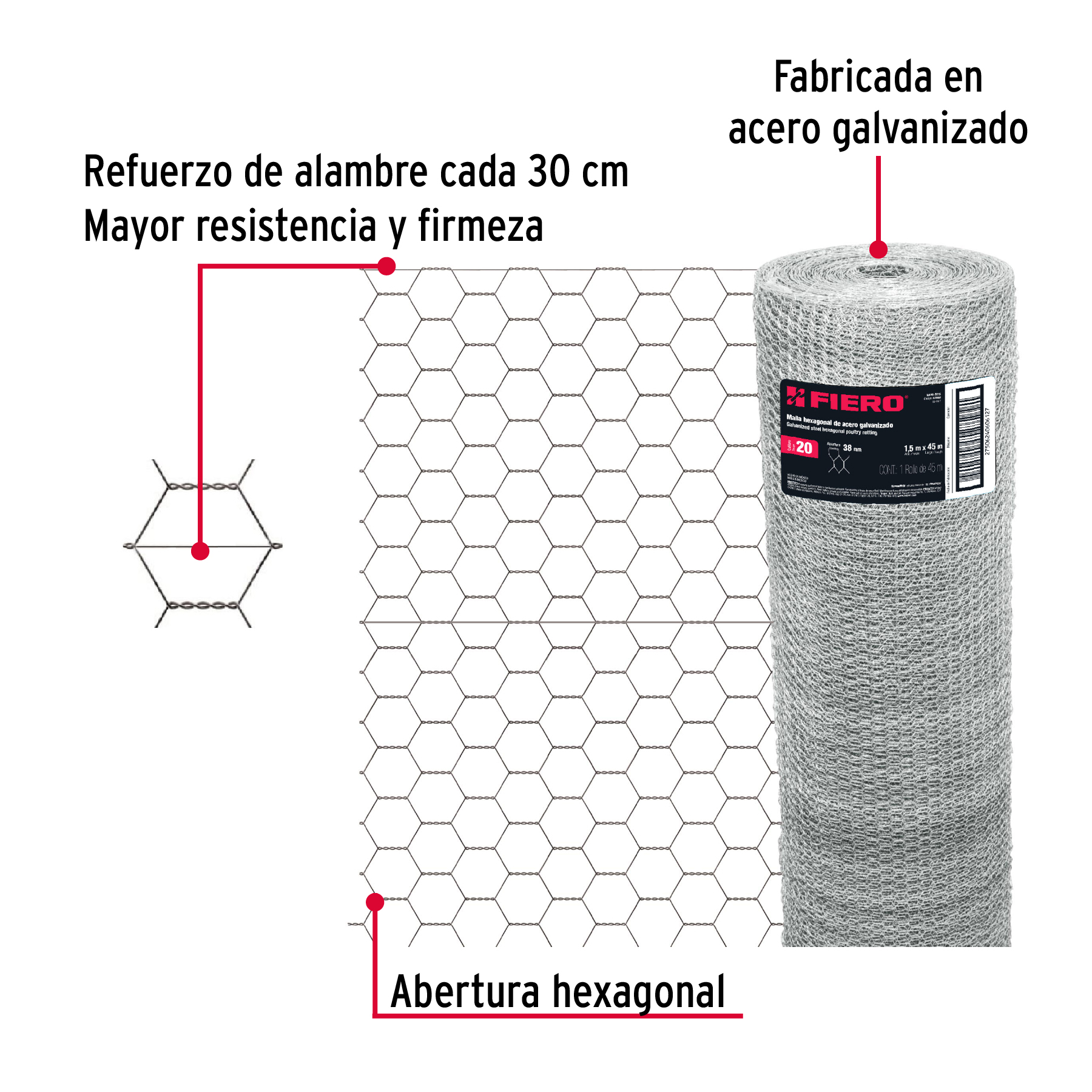 Rollo malla hexagonal cal.20, 1.5x 45m, abertura 38mm, 19kg-MAHE-3815 / 44660