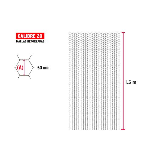 Rollo malla hexagonal cal.20, 1.5x 45m, abertura 50mm, 15kg-MAHE-5015 / 44662