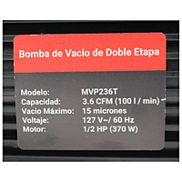Bomba de Vacio 3.6 CFM, 1/2 HP, 2 etapas, 127 VCA, 60HZ con Válvula de Bloqueo - MVP236T Bomba de Vacio 3.6 CFM, 1/2 HP, 2 etapas, 127 VCA, 60HZ con Válvula de Bloqueo - MVP236T