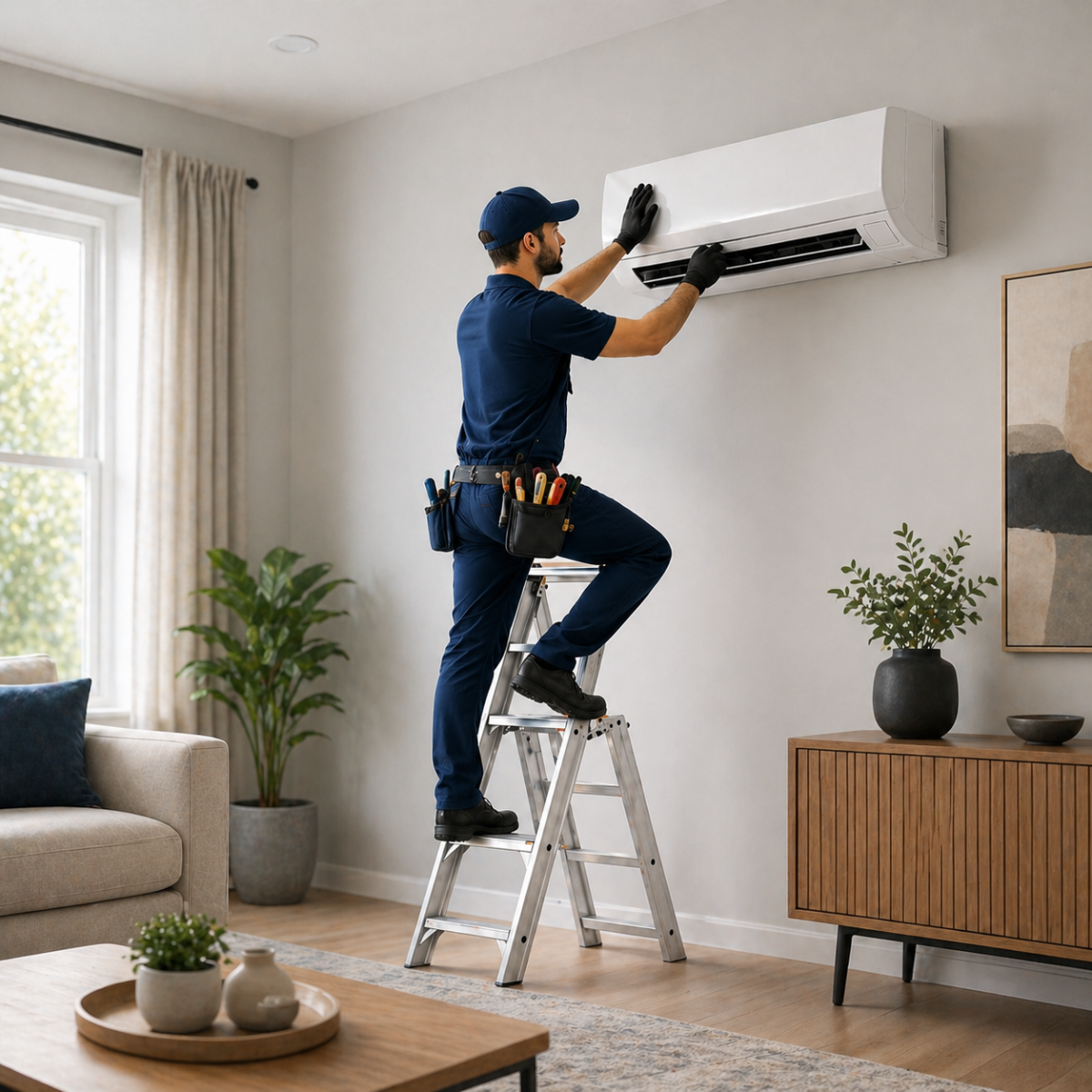 Professional HVAC technician installing a wall-mounted split air conditioner in a premium modern living room