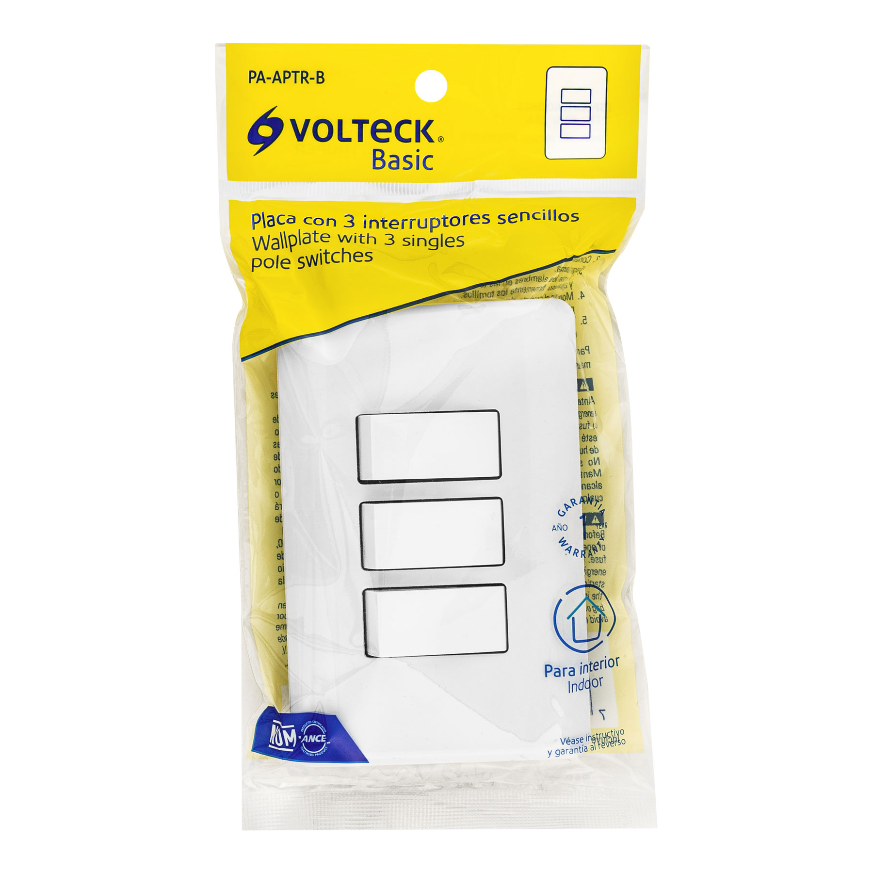 Placa armada con 3 interruptores sencillos, Volteck Basic - PA-APTR-B / 25083 Placa armada con 3 interruptores sencillos, Volteck Basic - PA-APTR-B / 25083