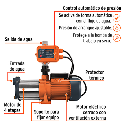 Bomba presurizadora multietapas 1 1/3 HP con control, Truper - 102387 - PREM-1 1/3 - Caja con 1 Pieza – Master 0