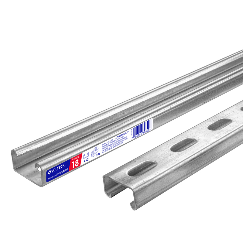 Perfil monocanal perforado de 3 m, 4 x 2 cm cal. 18, Volteck - 47757 - PU-182P - Caja con 2 Pieza – PU-182P