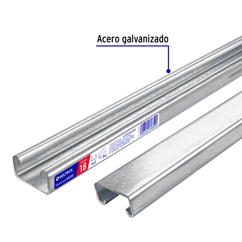 Perfil monocanal sólido de 3 m, 4 x 2 cm cal. 18, Volteck - 47755 - PU-182S - Caja con 2 Pieza – Master 0