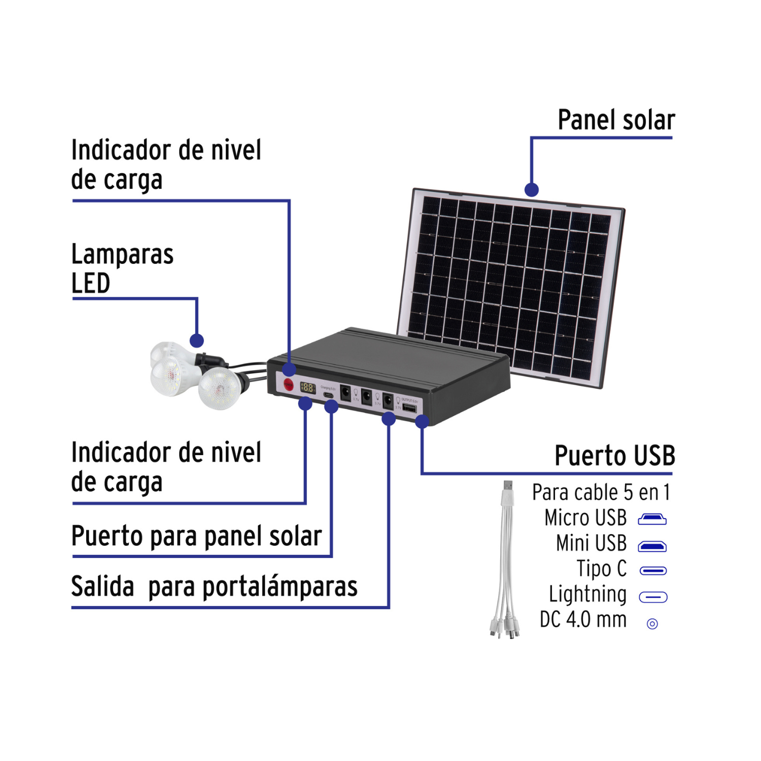 Sistema de iluminación Solar 6 W con 3 lámparas LED, VOLTECK-SIS-306L / 45870