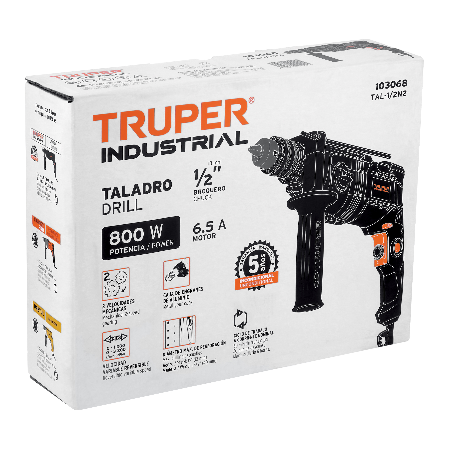 Taladro de 1/2" 800 W dos velocidades, industrial, Truper 103068 / TAL-1/2N2 - 1665 / TAL-1/2N Taladro de 1/2" 800 W dos velocidades, industrial, Truper 103068 / TAL-1/2N2 - 1665 / TAL-1/2N