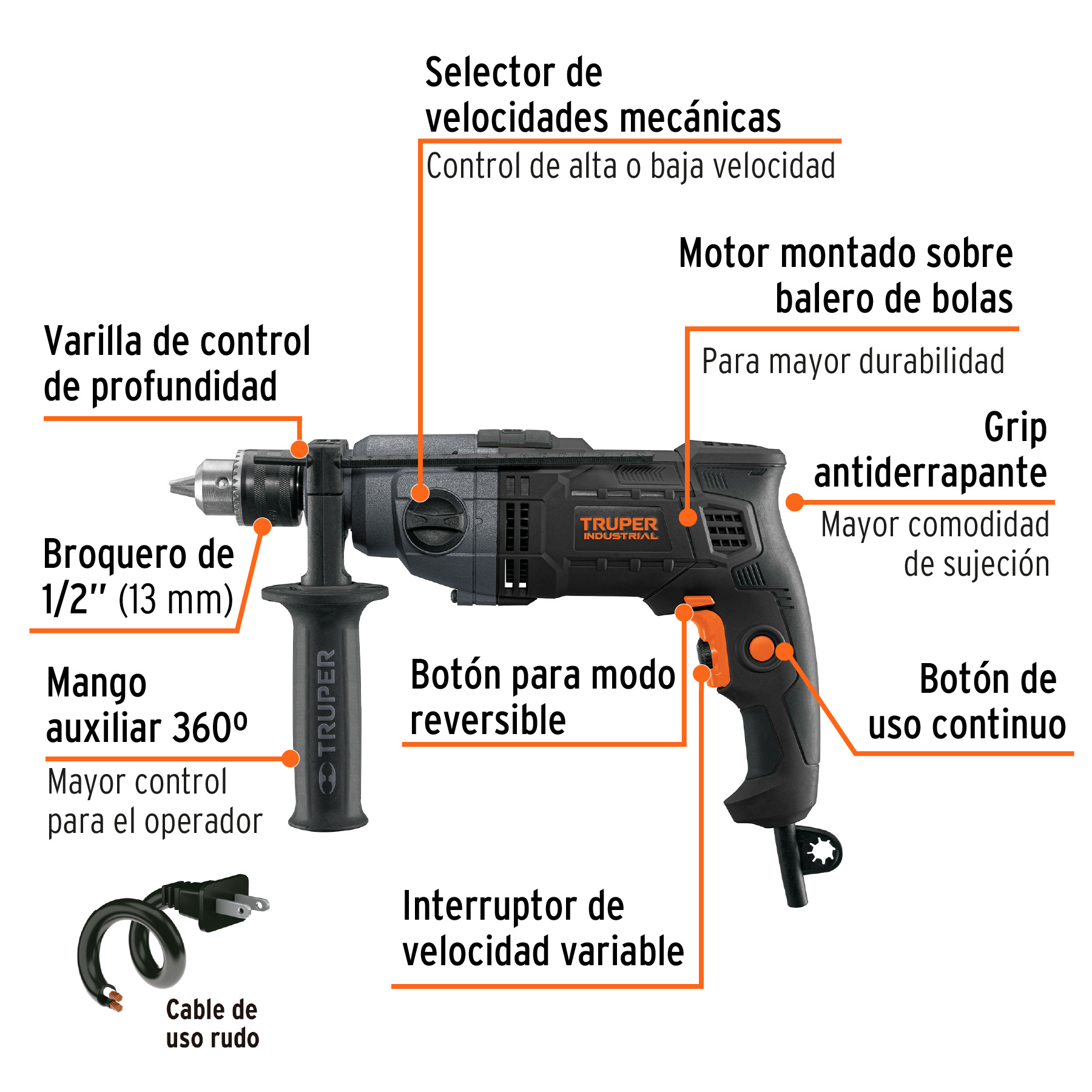 Taladro de 1/2" 800 W dos velocidades, industrial, Truper 103068 / TAL-1/2N2 - 1665 / TAL-1/2N Taladro de 1/2" 800 W dos velocidades, industrial, Truper 103068 / TAL-1/2N2 - 1665 / TAL-1/2N