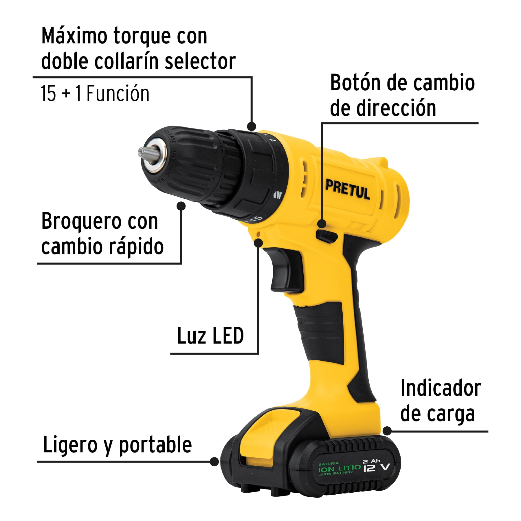 Kit taladro 3/8', 12V, 33 accesorios, en estuche, PRETUL, 27120 - TALI-12PK2