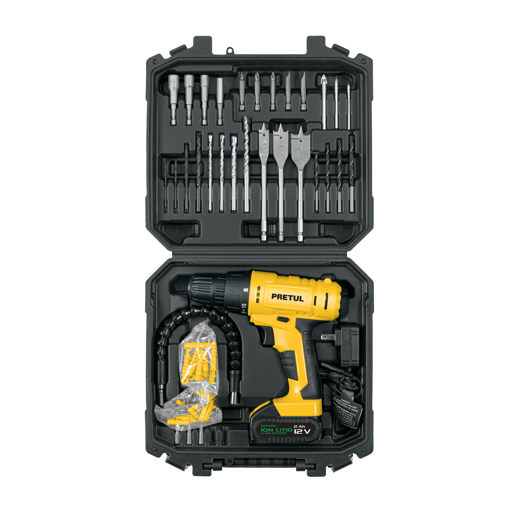 Kit taladro 3/8', 12V, 33 accesorios, en estuche, PRETUL, 27120 - TALI-12PK2