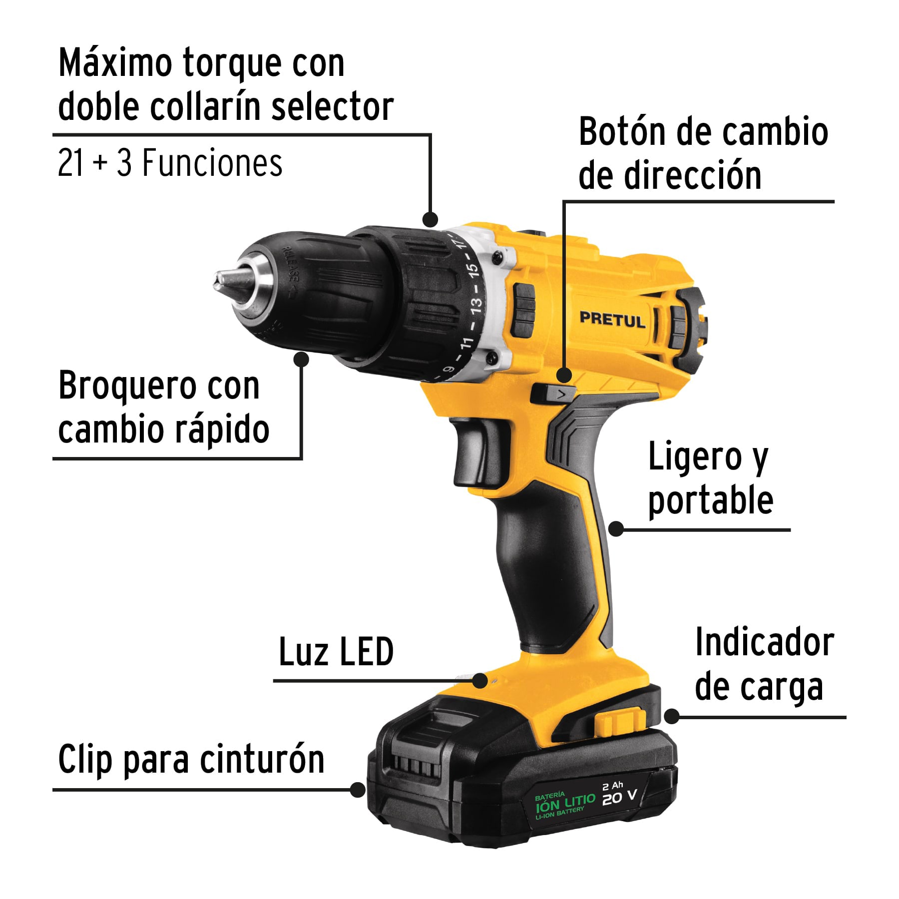 Taladro 1/2', 20V, 1 batería 2Ah, PRETUL, 26118 - TALI-20P2