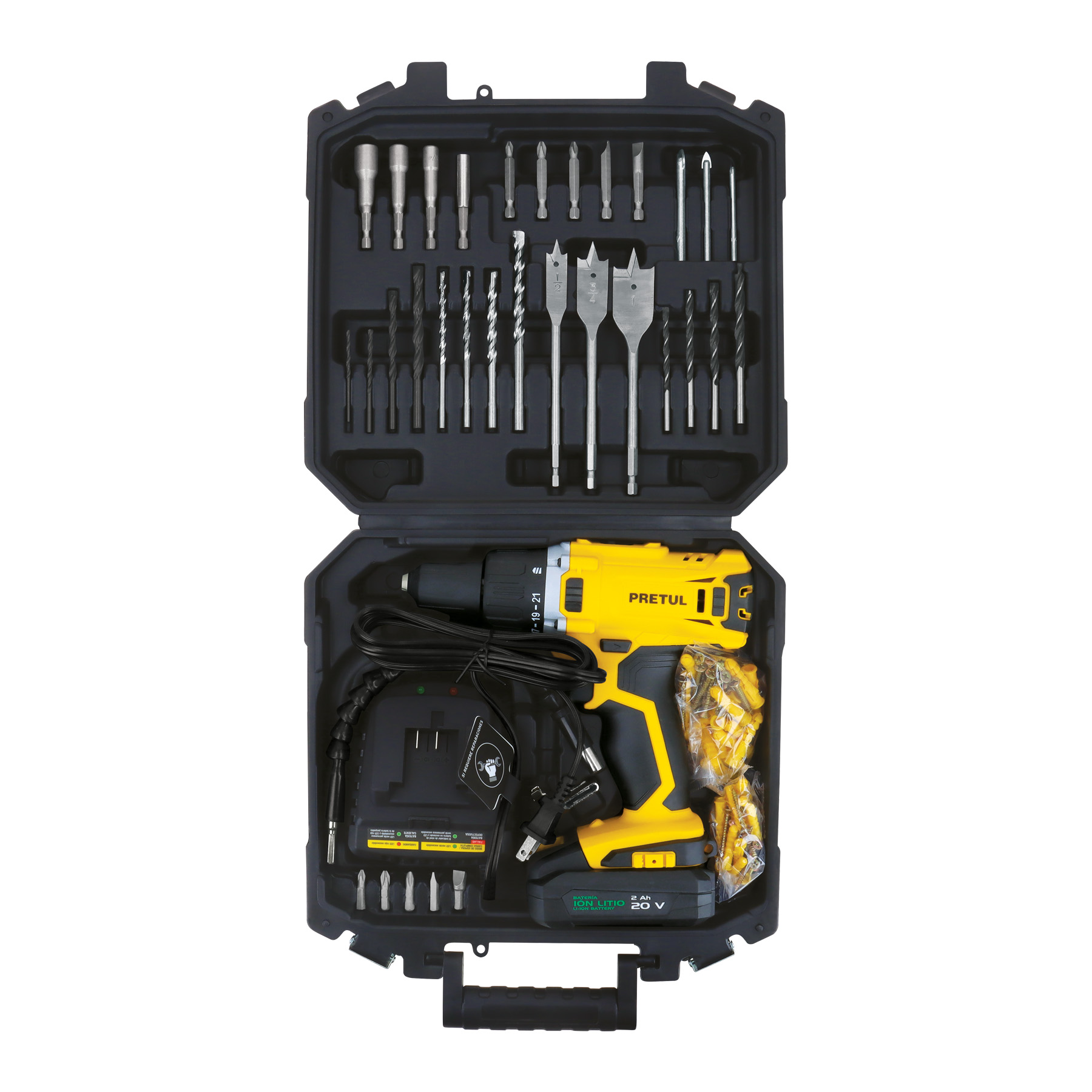 Kit taladro 1/2', 20V, 1 batería 2Ah, 32 accesorios, PRETUL, 29001 - TALI-20P2K