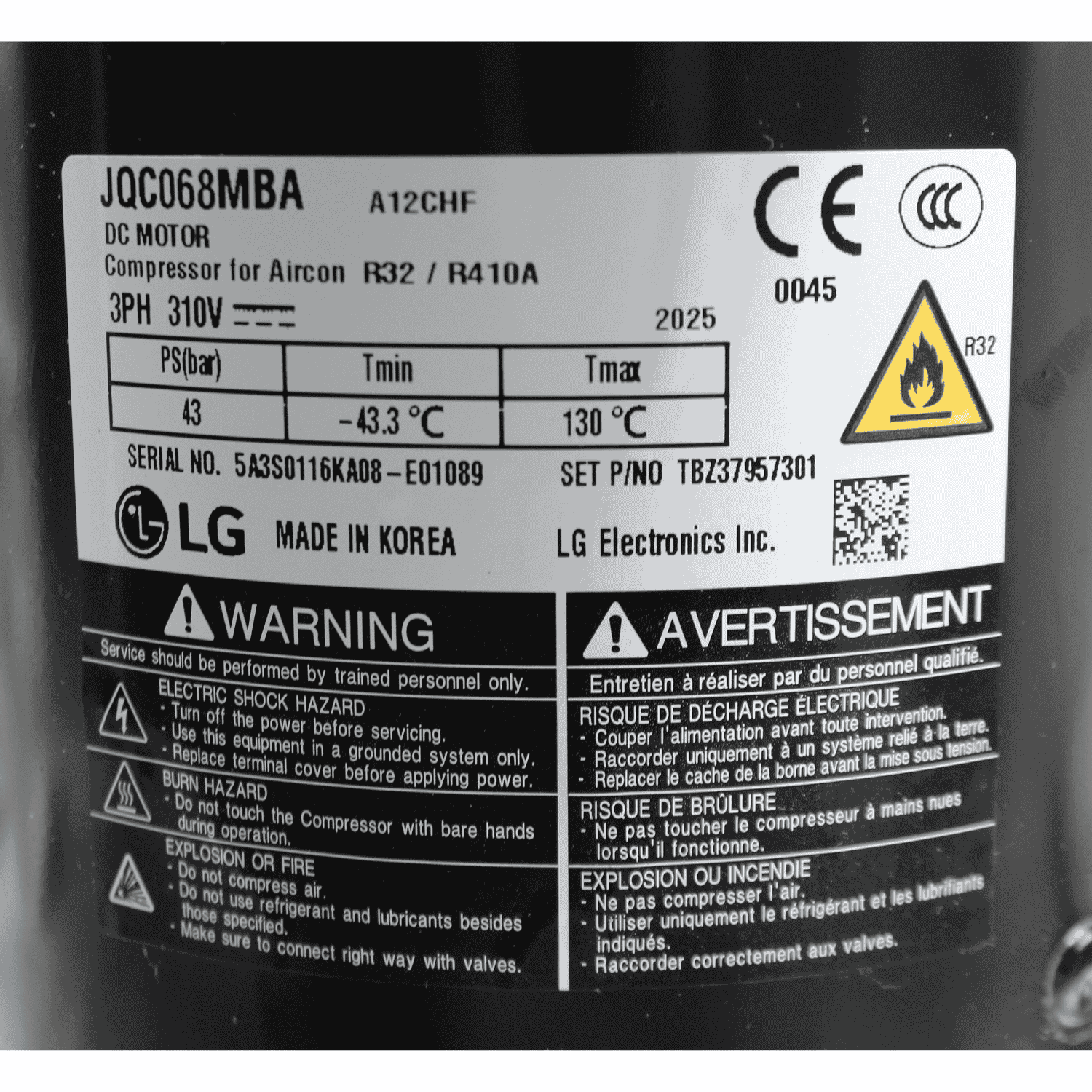 Compresor Inverter LG, Modelo JQC048MBA - TBZ37416101