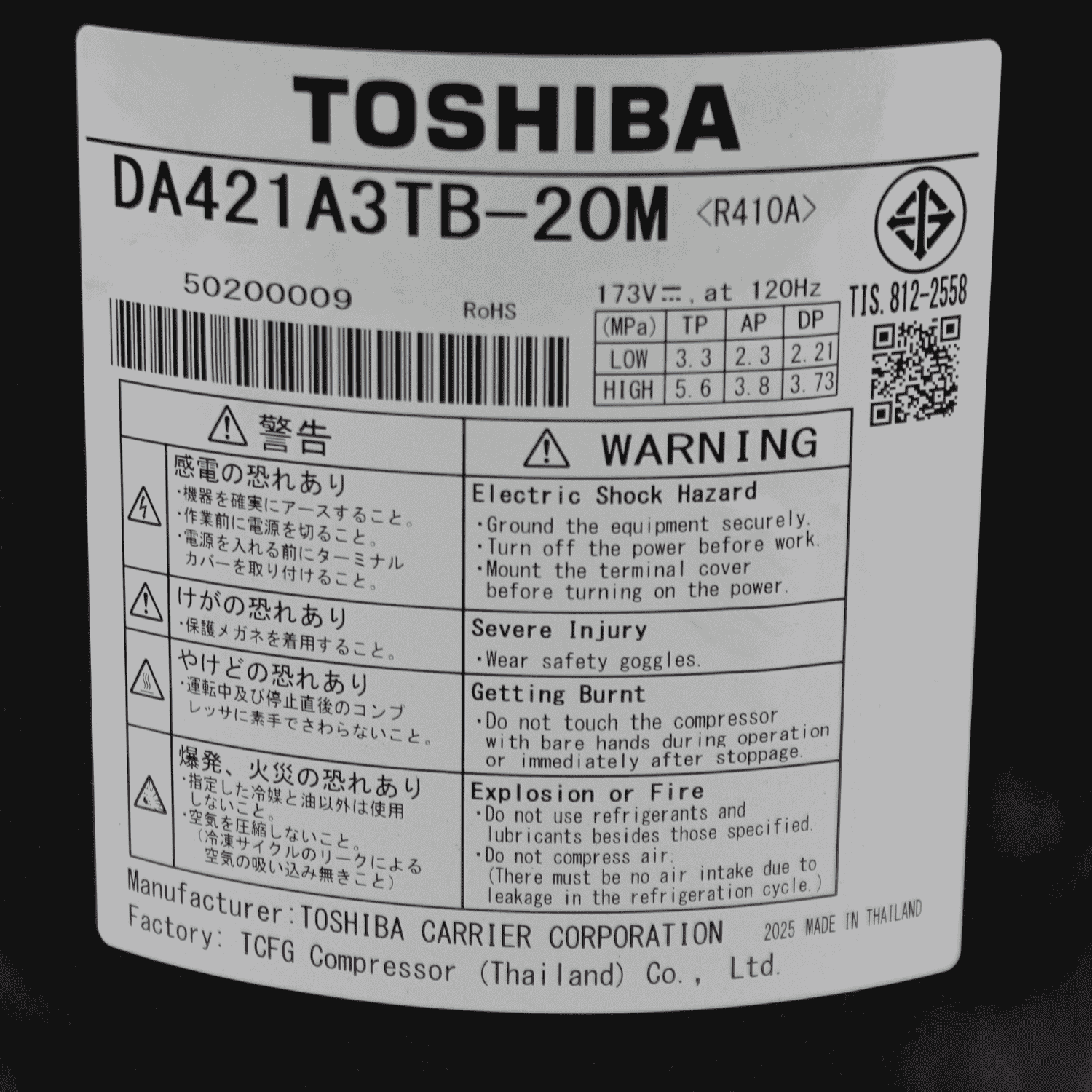 COMPRESOR TOSHIBA TJ-43141517 DA421A3FB-28M