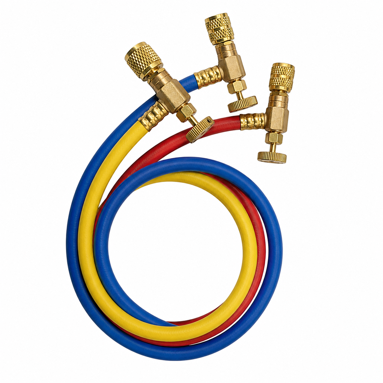 Juego de 3 Mangueras de Carga de Refrigerante con Valvulas de Bola, 800 PSI, 150 CM DE LONGITUD, 1/4"-1/4"(Y), 1/4"-5/16"®, 1/4"-5/16"(B) - WIP-MRH-1CV60°