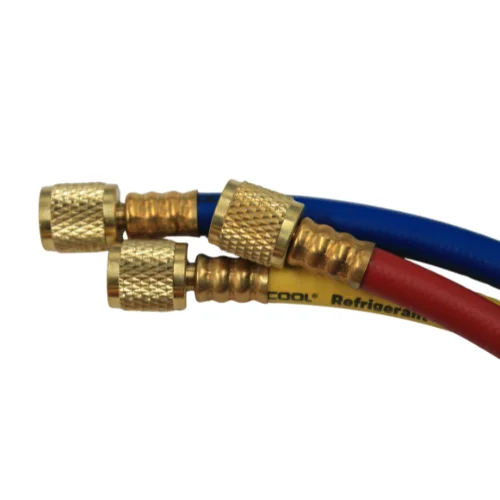 Juego de 3 Mangueras de Carga de Refrigerante con Valvulas de Bola, 800 PSI, 150 CM de Longitud, 1/4"-1/4"(Y), 1/4"-1/4"®, 1/4"-1/4"(B) - WIP-MRH-2CV60°