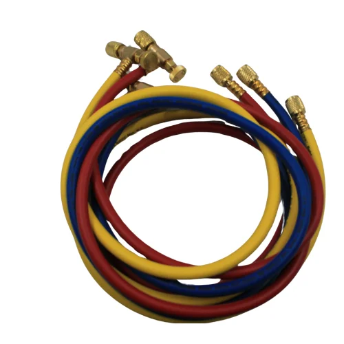 Juego de 3 Mangueras de Carga de Refrigerante con Valvulas de Bola, 800 PSI, 150 CM de Longitud, 1/4"-1/4"(Y), 1/4"-1/4"®, 1/4"-1/4"(B) - WIP-MRH-2CV60°