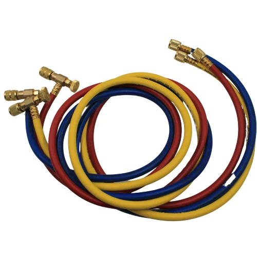 Juego de 3 Mangueras de Carga de Refrigerante con Valvulas de Bola, 800 PSI, 150 CM de Longitud, 1/4"-1/4"(Y), 1/4"-1/4"®, 1/4"-1/4"(B) - WIP-MRH-2CV60°