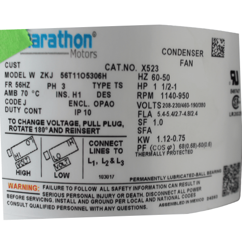 Motor Marathon 1 1/2 HP, 230/460V, 1200RPM - X523 Motor Marathon 1 1/2 HP, 230/460V, 1200RPM - X523