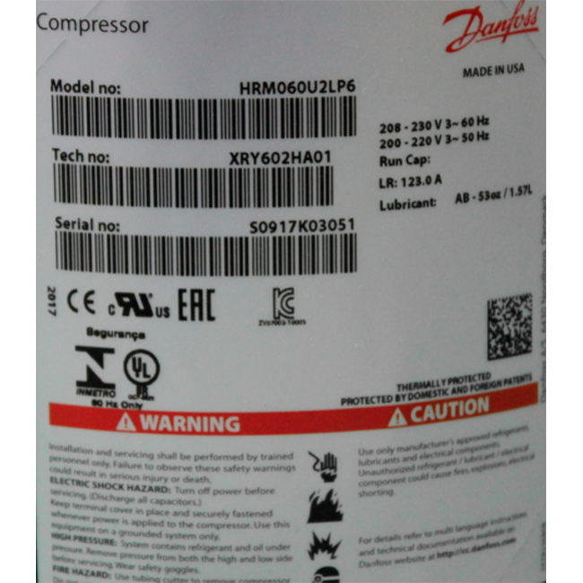 Compresor Scroll Tech R-22,Para A/C, 5 Ton. Capacidad 60,000 Btu/H, Danfoss Hrm060U2Lp6 - 120U1881