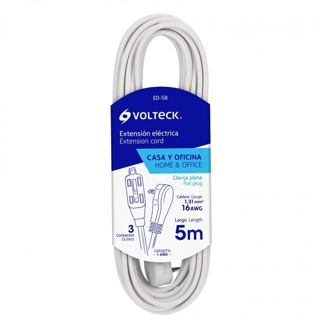 Extensión eléctrica doméstica con clavija plana, 5m, blanca - ED-5B / 48018 Extensión eléctrica doméstica con clavija plana, 5m, blanca - ED-5B / 48018